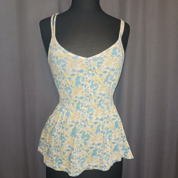 Tops - Floral Smocked Peplum Camisole Top Blue Yellow Dainty Double Strap Cottagecore L